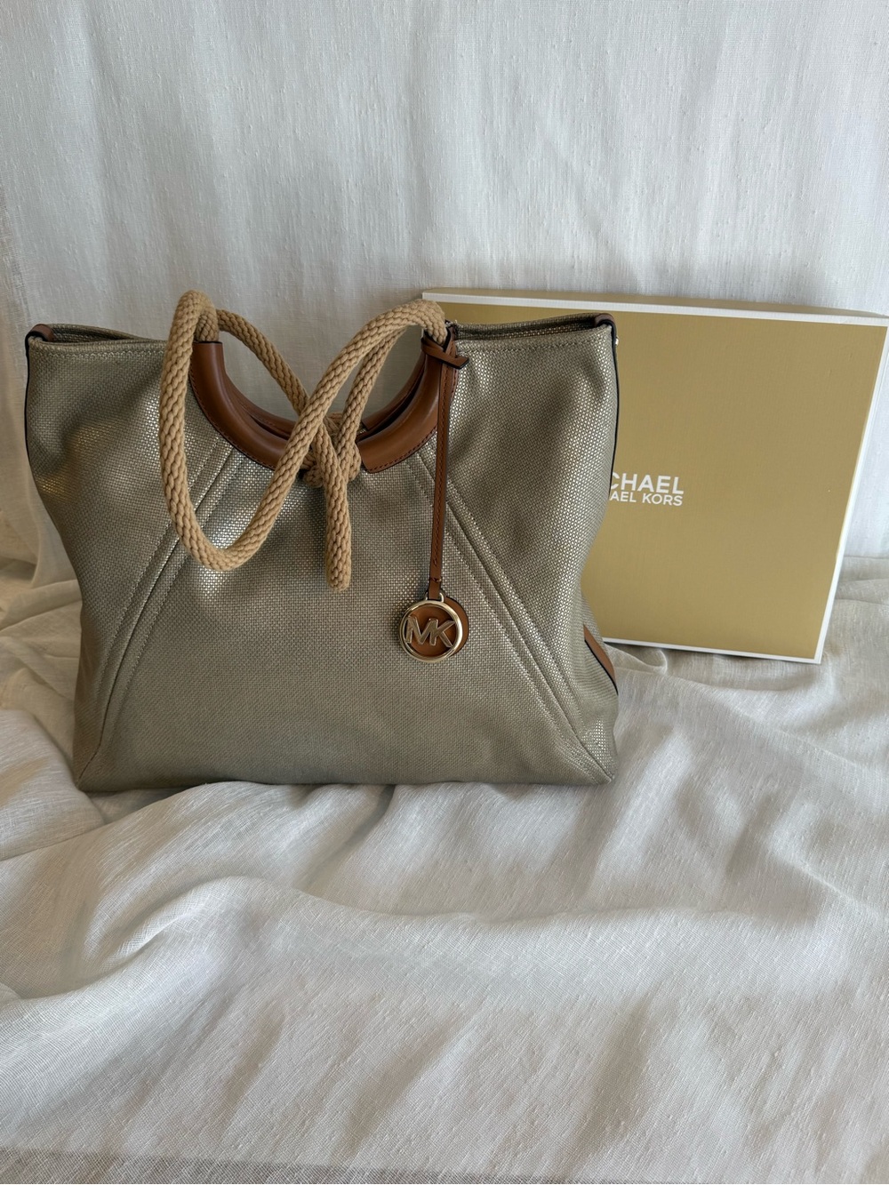 Michael Kors Metallic Taupe and Tan Rope-Handle Tote with MK Charm